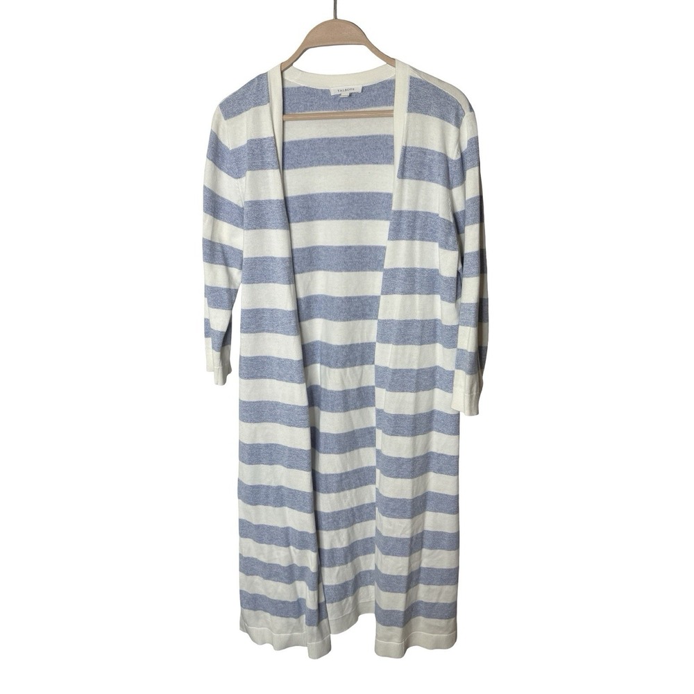Talbots‎ Women Duster Long Open Front Cardigan Sweater Size M Blue White Striped